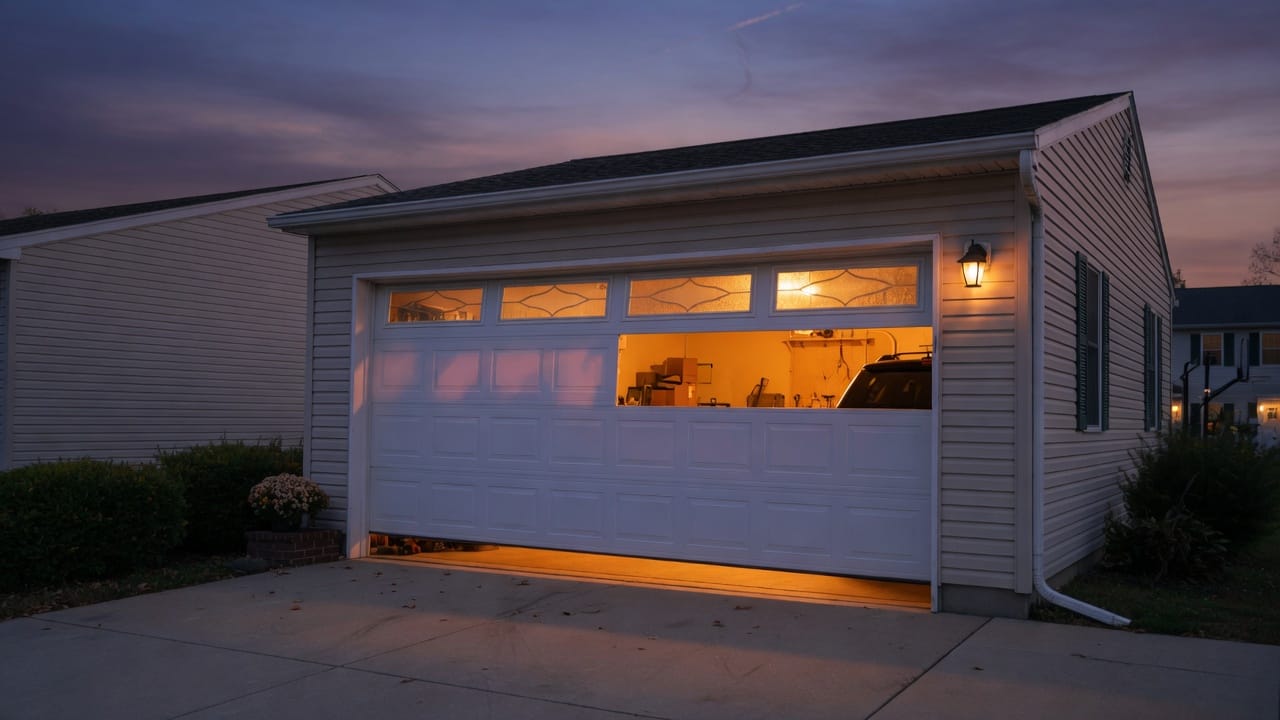 Garage door open at dusk.