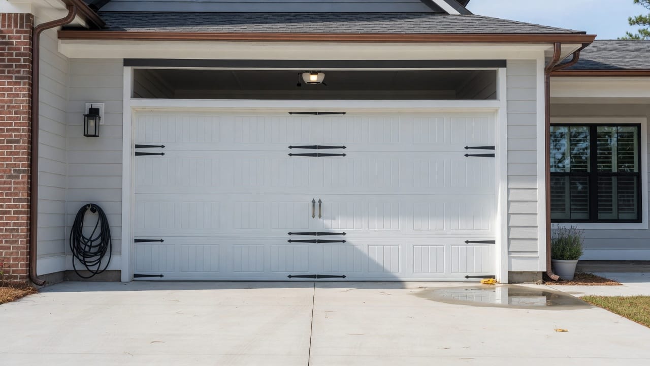 White garage door with black accents