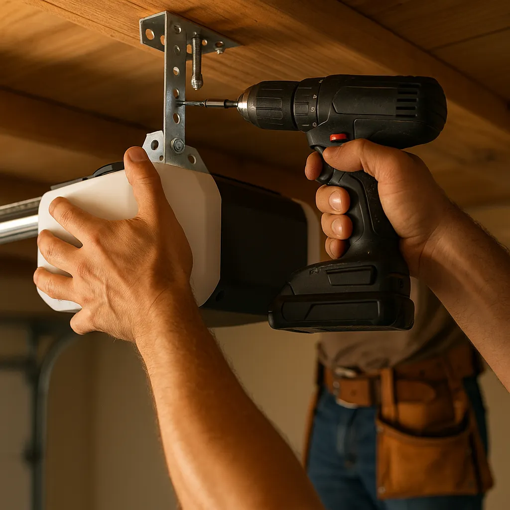 Hands installing a garage door opener