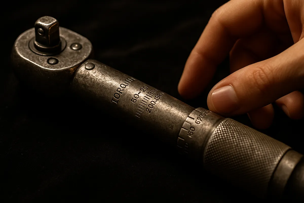 A close-up of a worn torque wrench on black velvet, highlighting its importance for DIY garage door repairs.