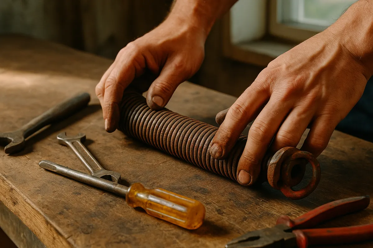 Hands adjusting a rusted garage door spring on a workbench, highlighting wear and tear related to spring replacement.