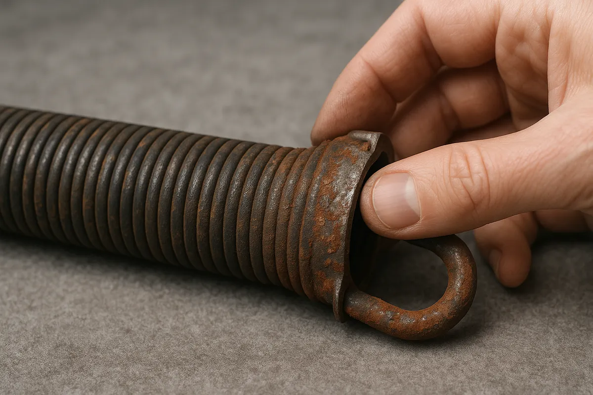 A worn garage door spring with rust is examined by a hand, highlighting signs of potential damage.